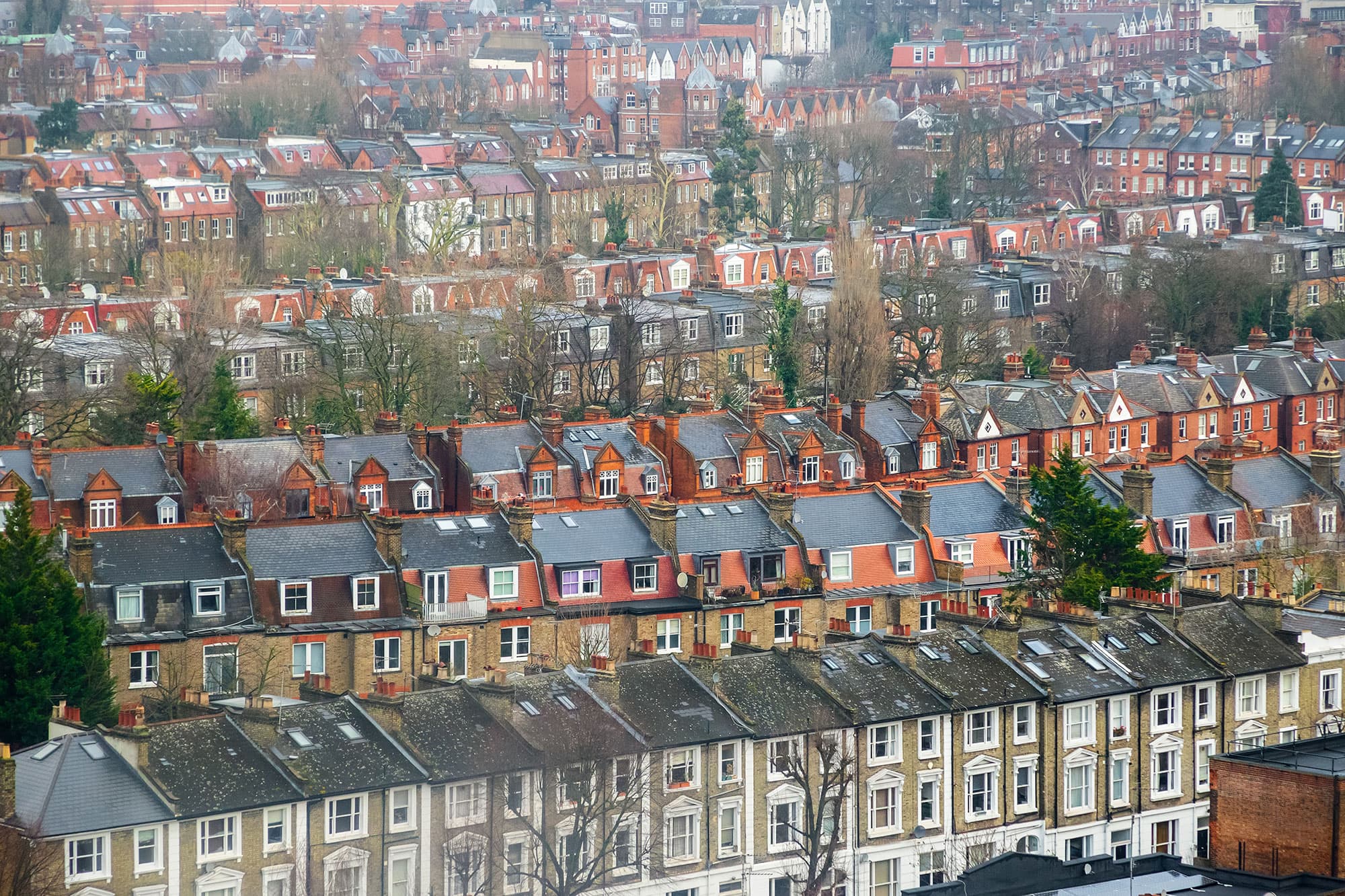 Aerial view of row of houses