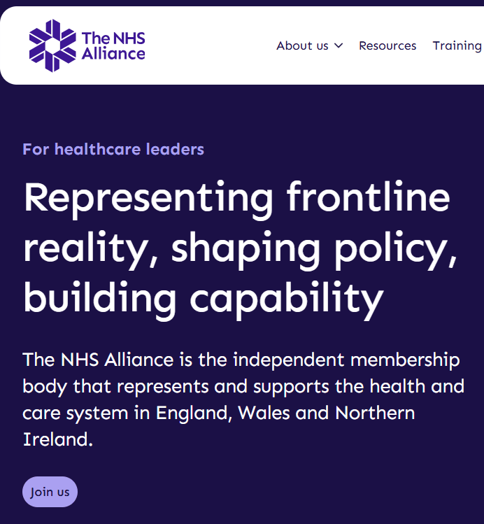 Screenshot of the rebranded NHS Alliance homepage