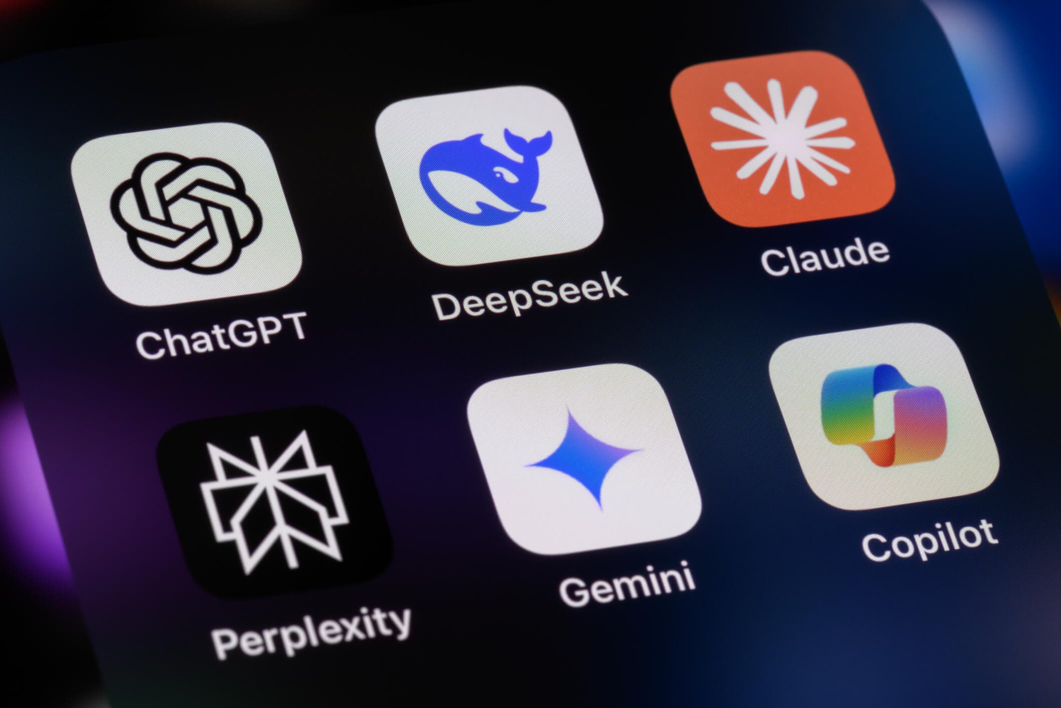AI Assistant Apps - ChatGPT, DeepSeek, Anthropic Claude, Perplexity, Google Gemini, Microsoft Copilot - on smartphone