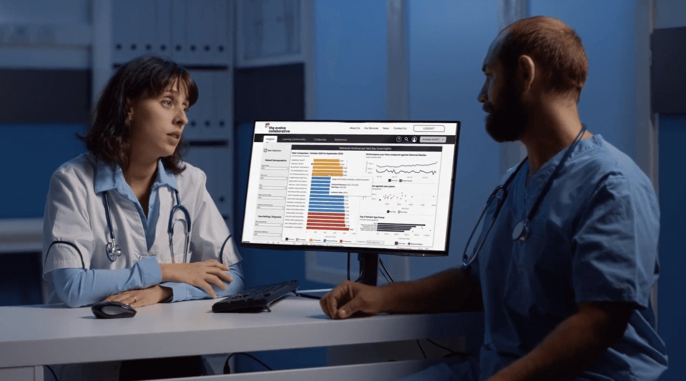 Two people viewing analytics from The Evolve Collaborative on desktop